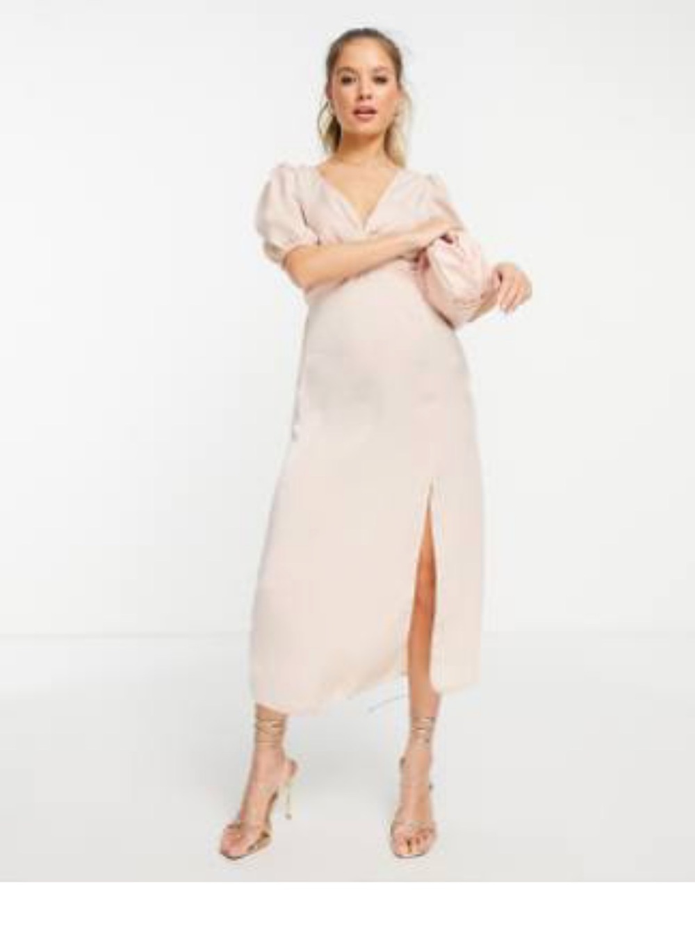 Elegant Blush Pink Midi Dress with Puff Sleeves